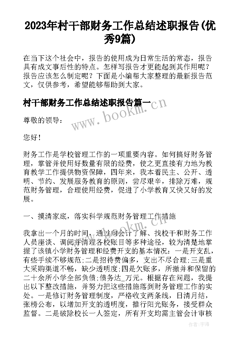 2023年村干部财务工作总结述职报告(优秀9篇)