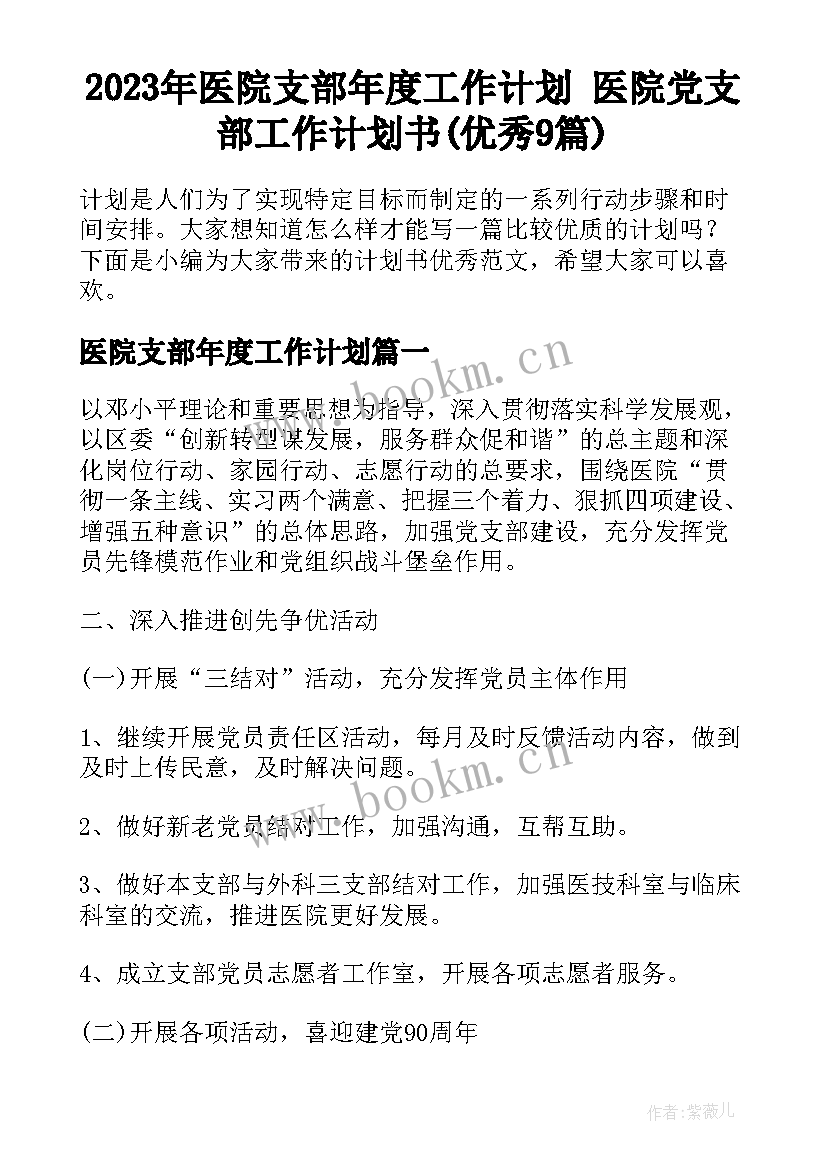 2023年医院支部年度工作计划 医院党支部工作计划书(优秀9篇)