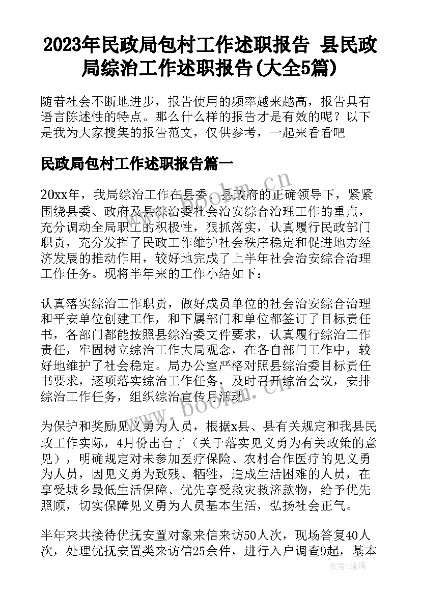 2023年民政局包村工作述职报告 县民政局综治工作述职报告(大全5篇)