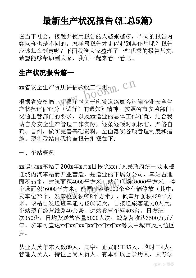 最新生产状况报告(汇总5篇)