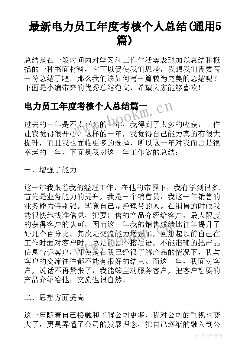 最新电力员工年度考核个人总结(通用5篇)