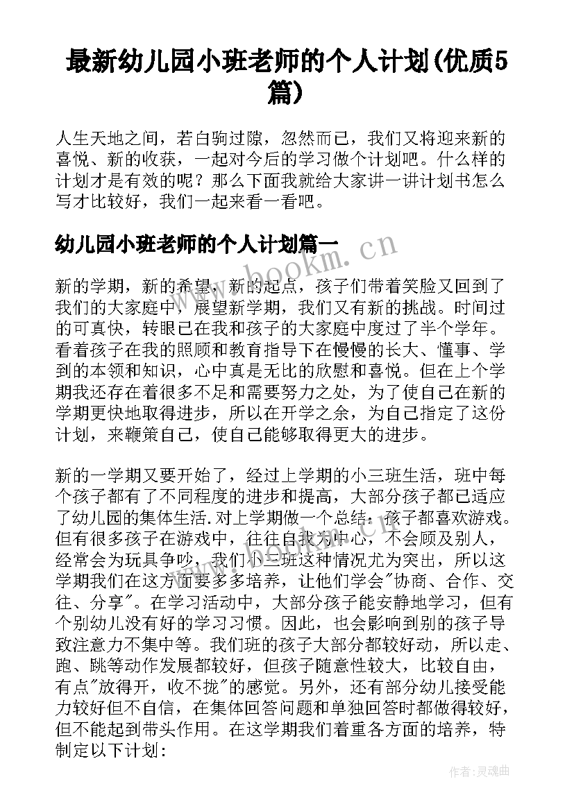 最新幼儿园小班老师的个人计划(优质5篇)