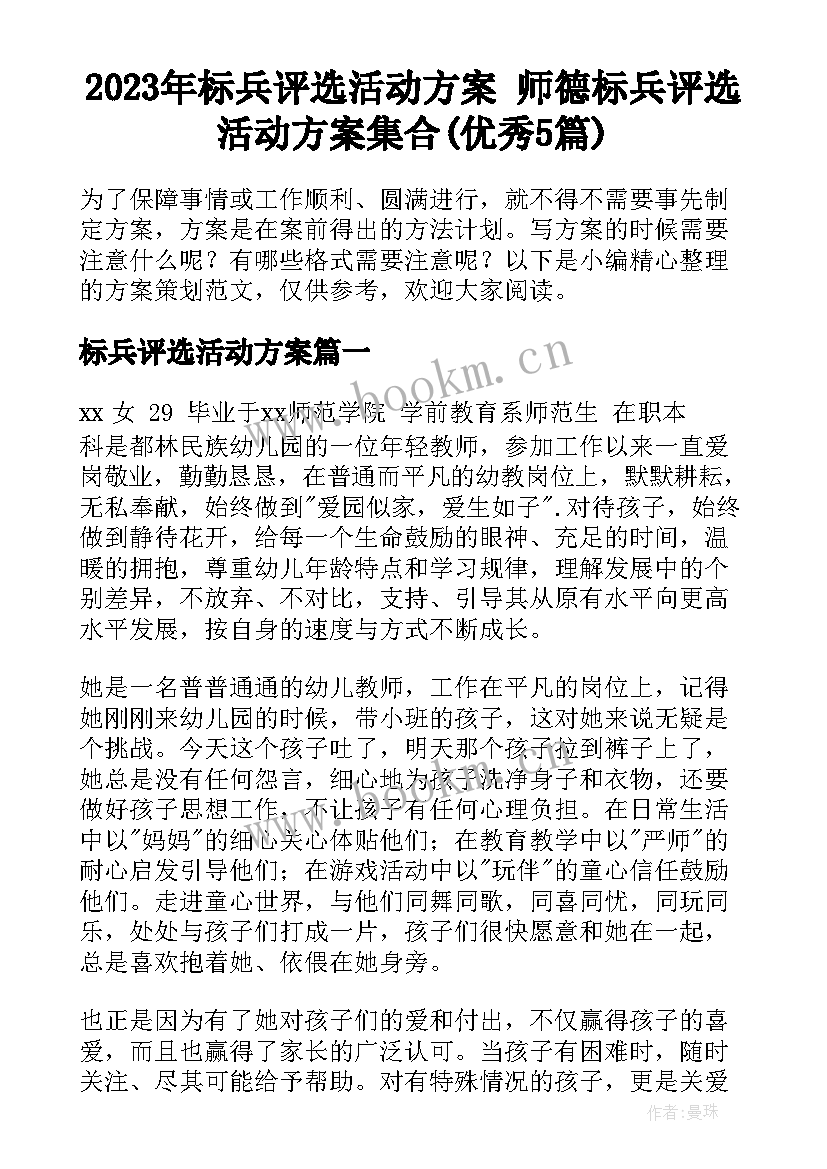 2023年标兵评选活动方案 师德标兵评选活动方案集合(优秀5篇)