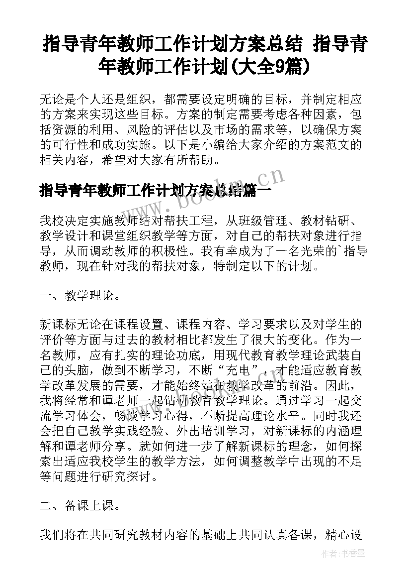 指导青年教师工作计划方案总结 指导青年教师工作计划(大全9篇)