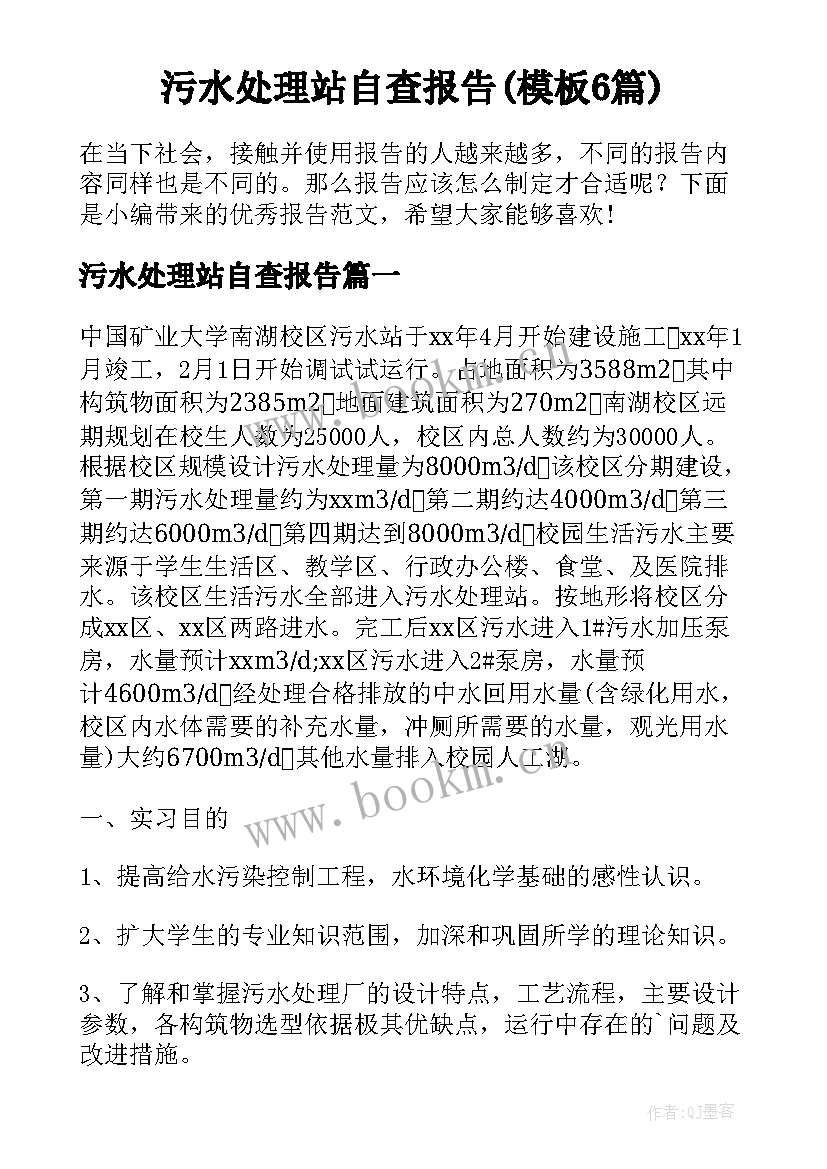 污水处理站自查报告(模板6篇)