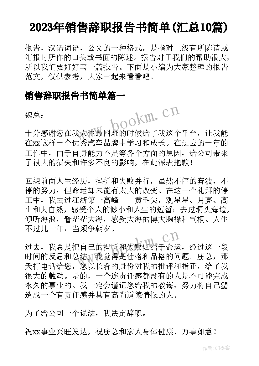 2023年销售辞职报告书简单(汇总10篇)