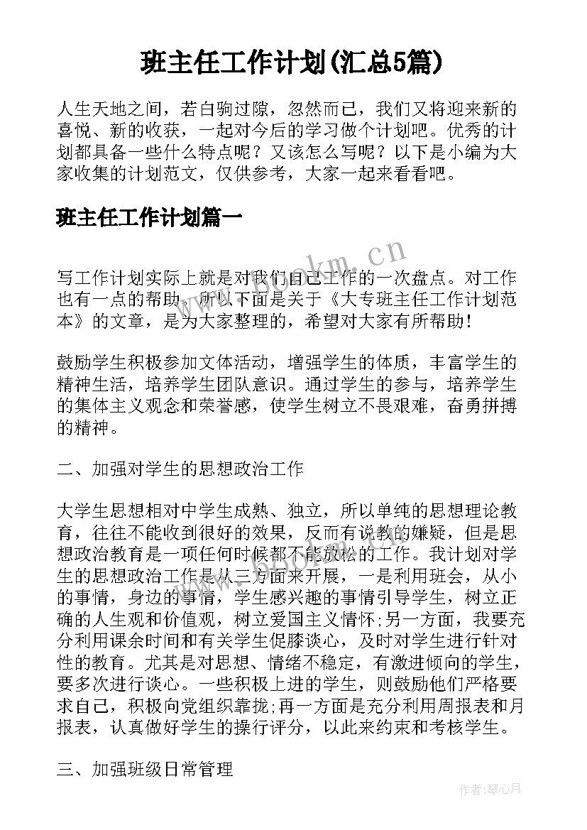 班主任工作计划(汇总5篇)