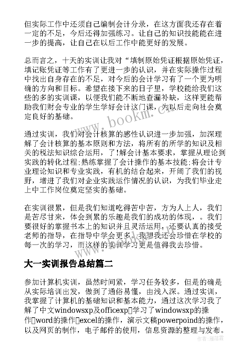 大一实训报告总结 大一学生会计实训报告(模板5篇)