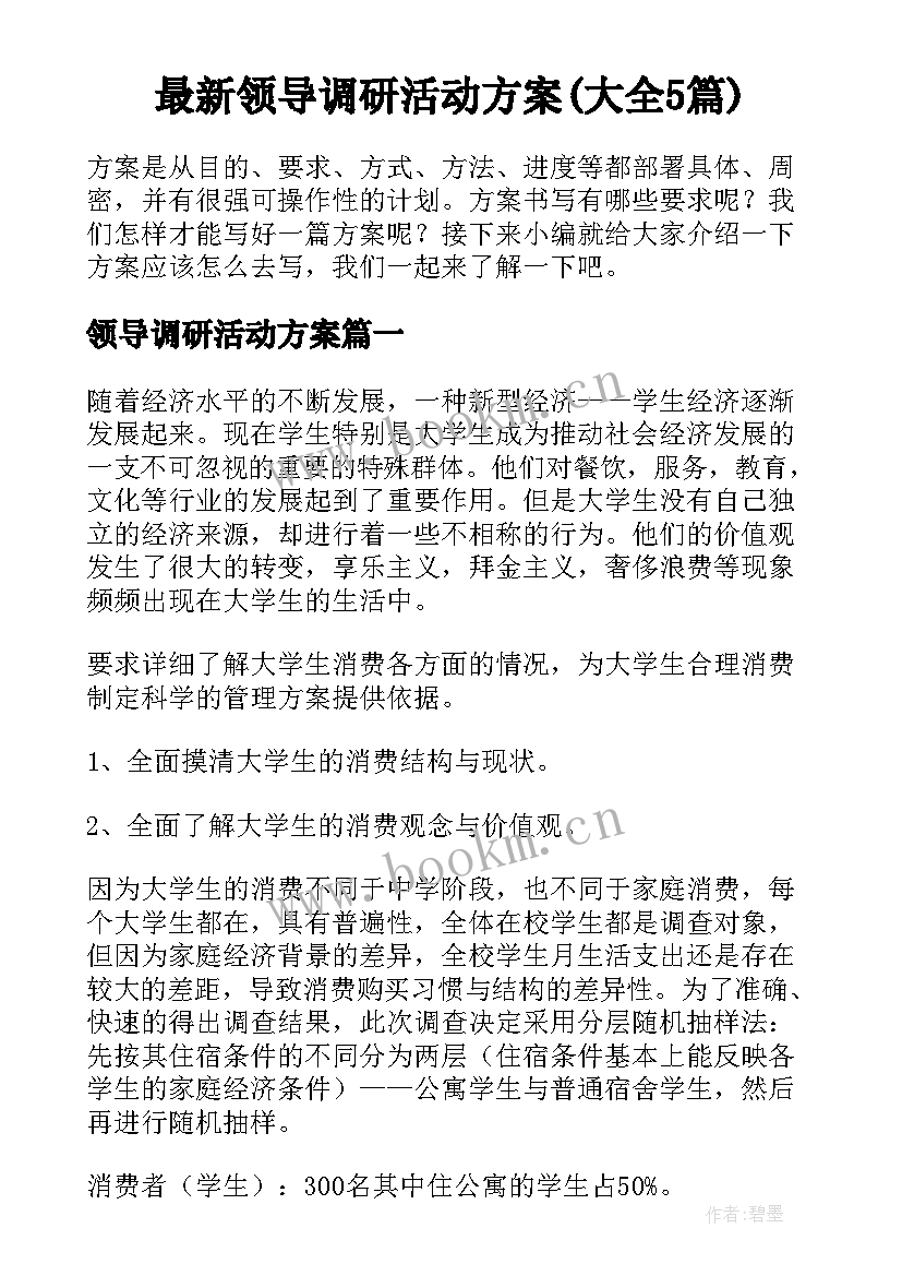 最新领导调研活动方案(大全5篇)