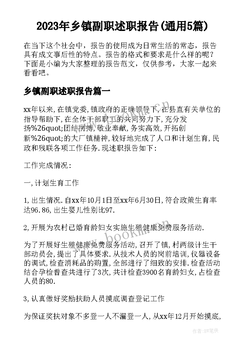 2023年乡镇副职述职报告(通用5篇)