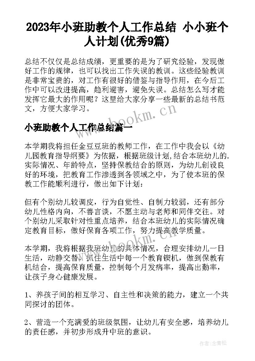 2023年小班助教个人工作总结 小小班个人计划(优秀9篇)