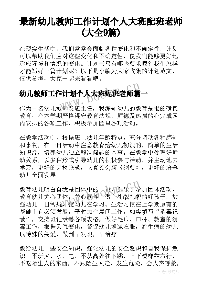 最新幼儿教师工作计划个人大班配班老师(大全9篇)