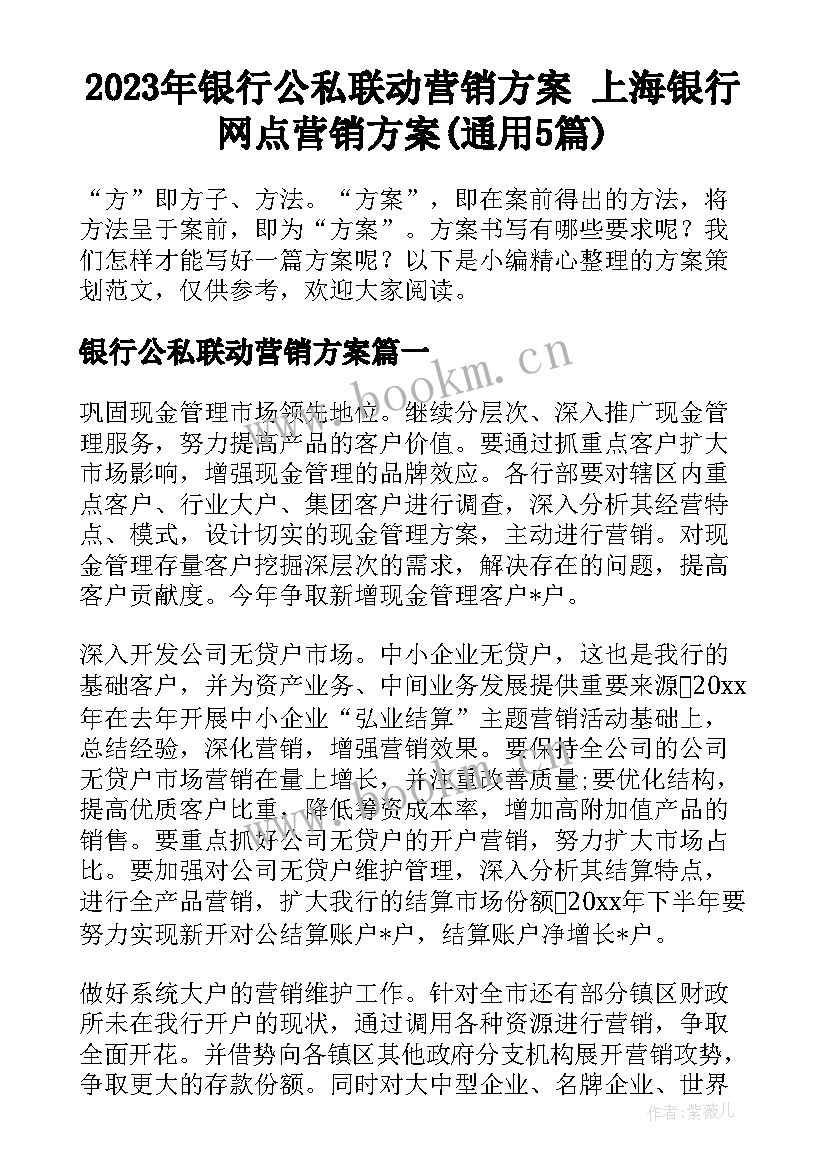 2023年银行公私联动营销方案 上海银行网点营销方案(通用5篇)