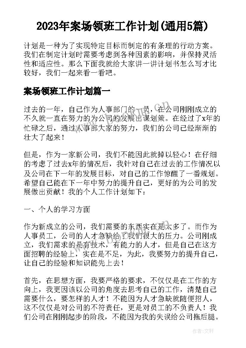 2023年案场领班工作计划(通用5篇)