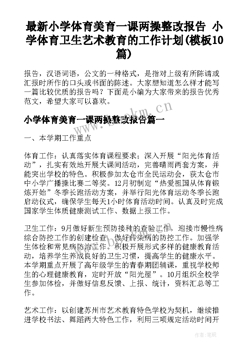 最新小学体育美育一课两操整改报告 小学体育卫生艺术教育的工作计划(模板10篇)