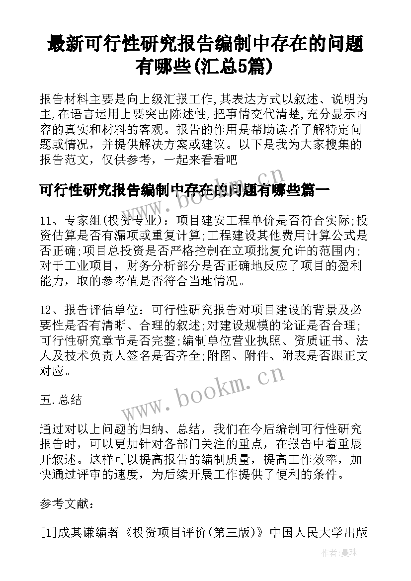 最新可行性研究报告编制中存在的问题有哪些(汇总5篇)