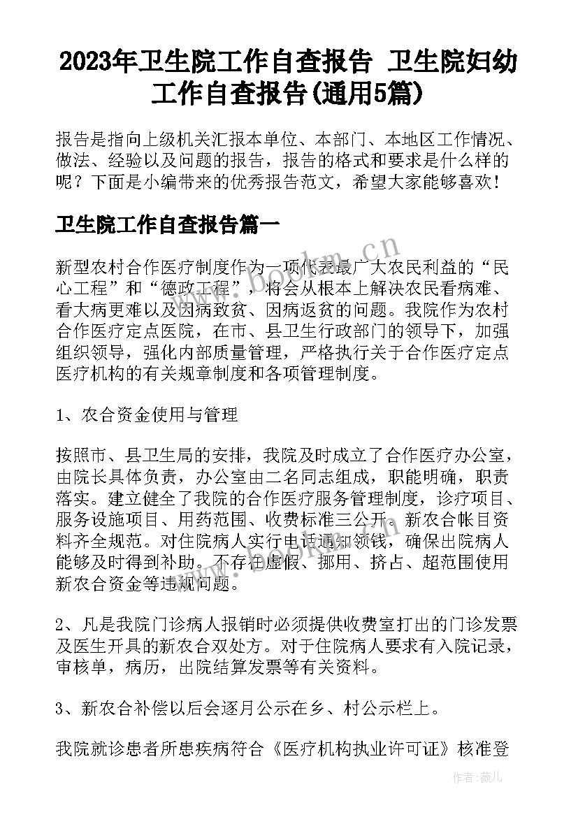 2023年卫生院工作自查报告 卫生院妇幼工作自查报告(通用5篇)