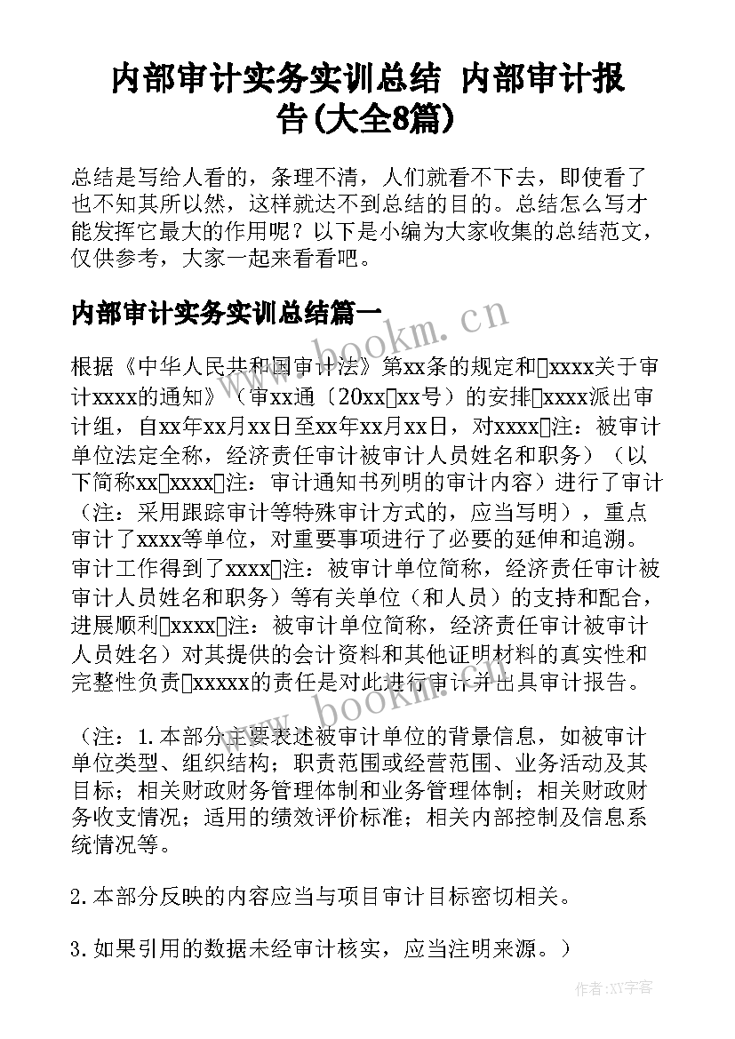 内部审计实务实训总结 内部审计报告(大全8篇)