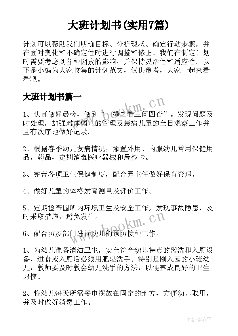 大班计划书(实用7篇)