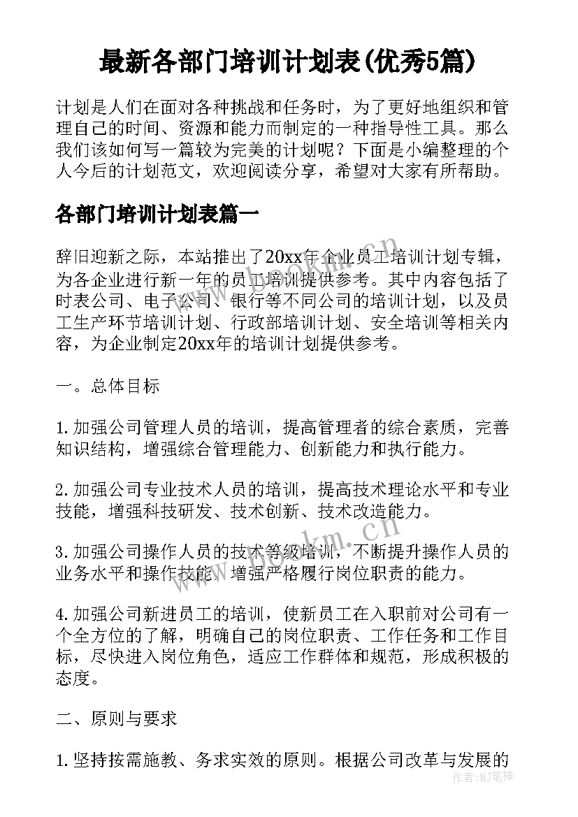 最新各部门培训计划表(优秀5篇)