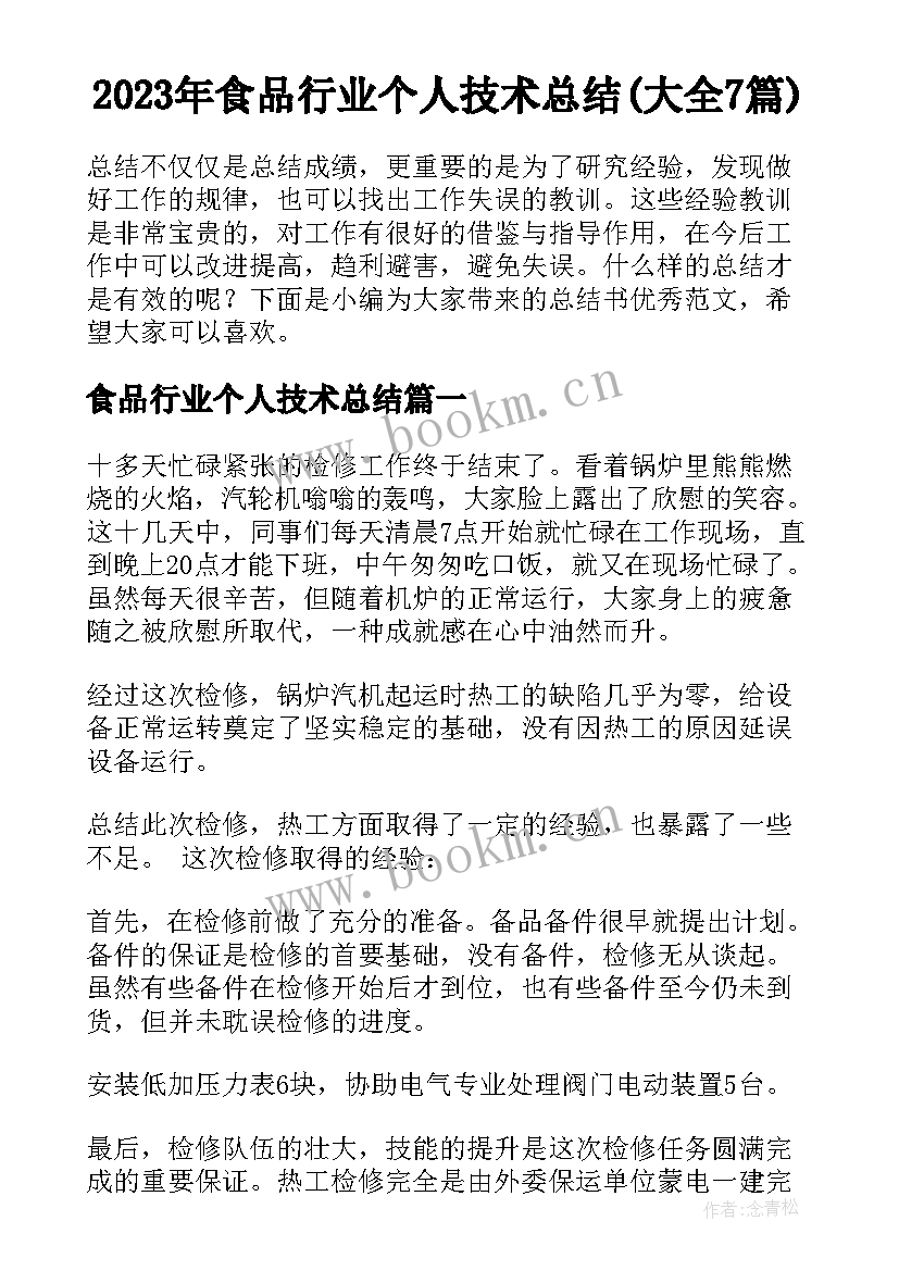 2023年食品行业个人技术总结(大全7篇)