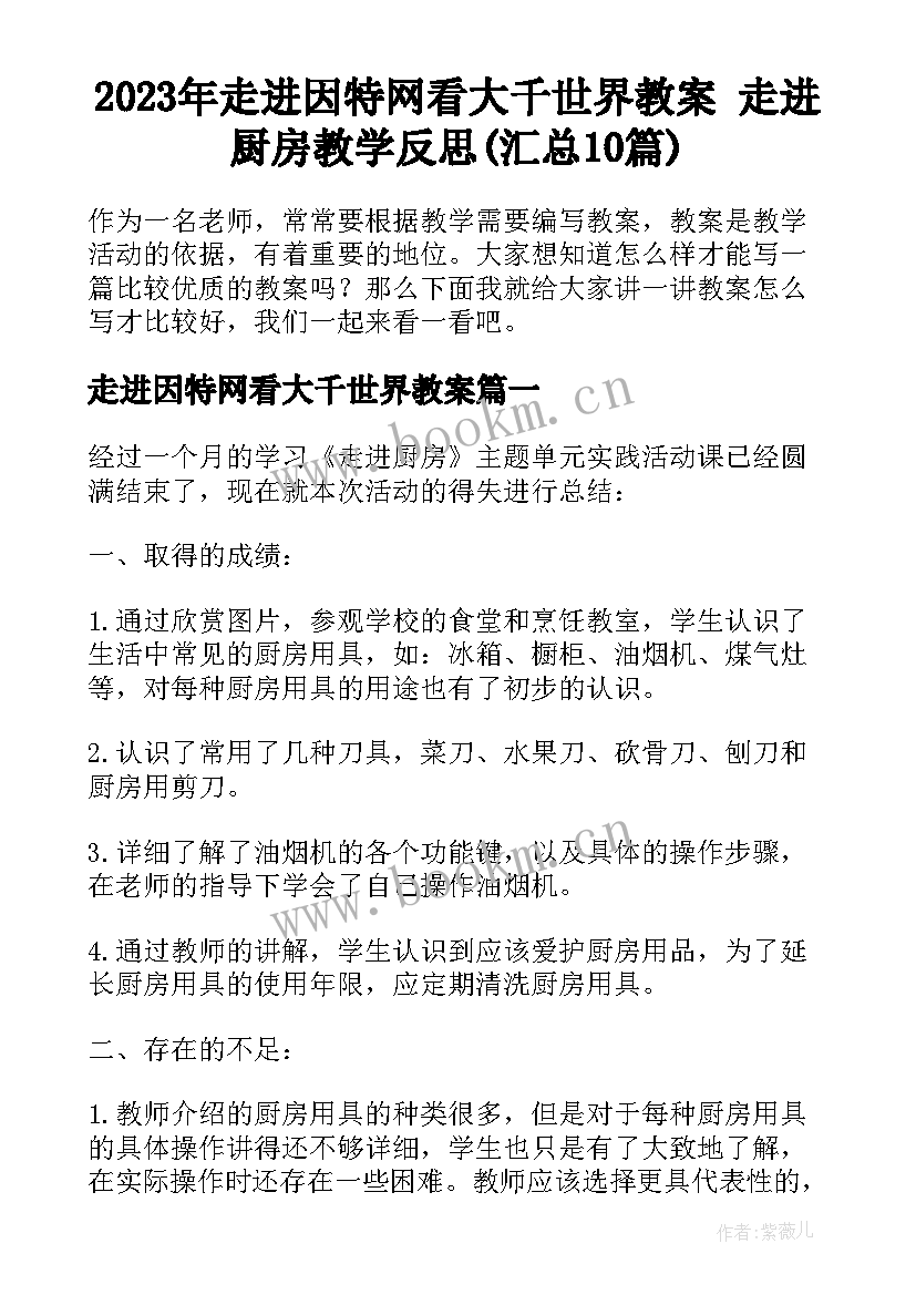 2023年走进因特网看大千世界教案 走进厨房教学反思(汇总10篇)