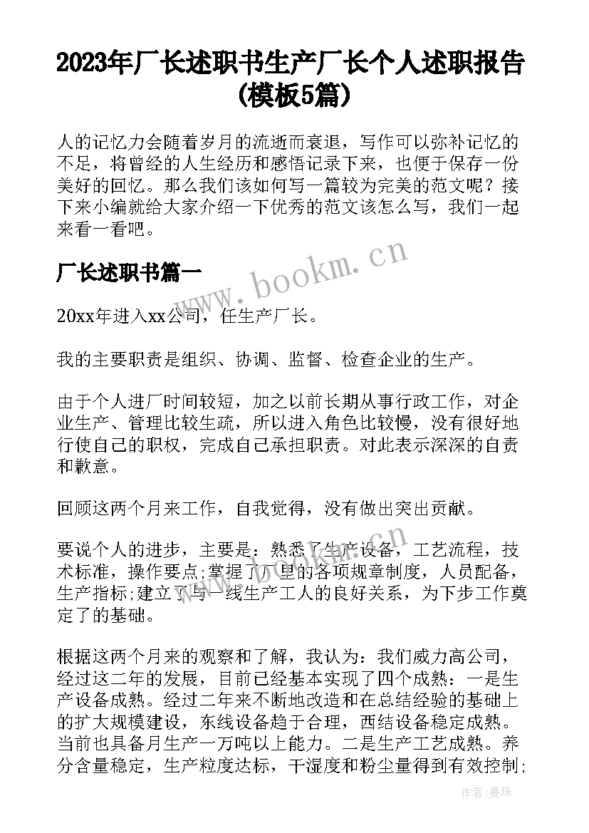 2023年厂长述职书 生产厂长个人述职报告(模板5篇)