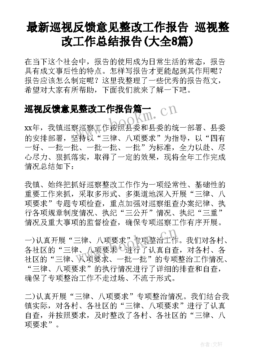 最新巡视反馈意见整改工作报告 巡视整改工作总结报告(大全8篇)