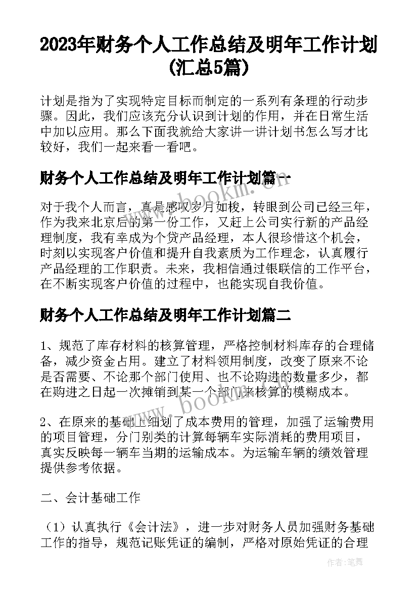 2023年财务个人工作总结及明年工作计划(汇总5篇)