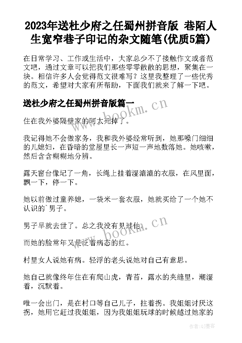 2023年送杜少府之任蜀州拼音版 巷陌人生宽窄巷子印记的杂文随笔(优质5篇)