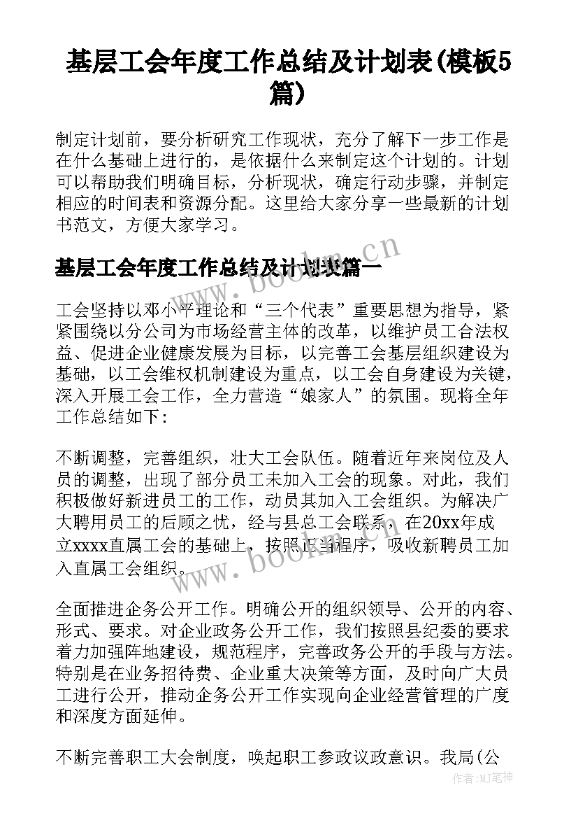 基层工会年度工作总结及计划表(模板5篇)