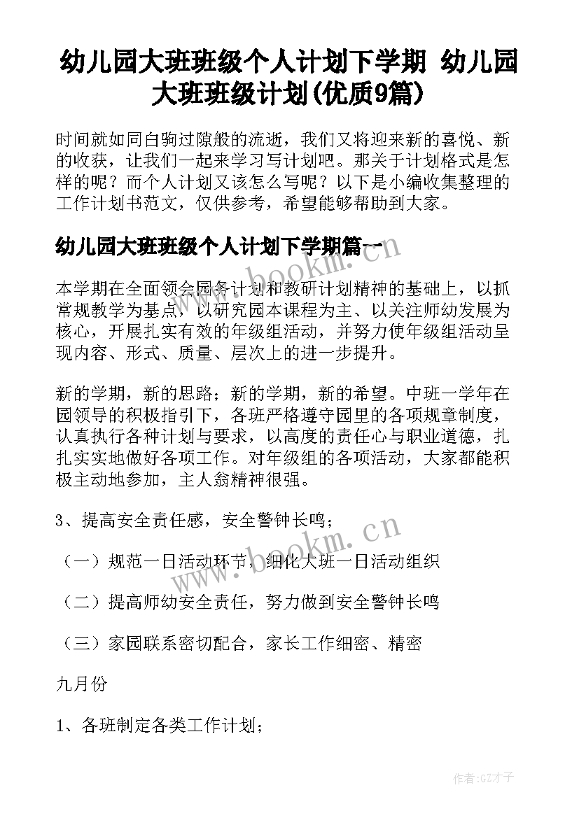 幼儿园大班班级个人计划下学期 幼儿园大班班级计划(优质9篇)