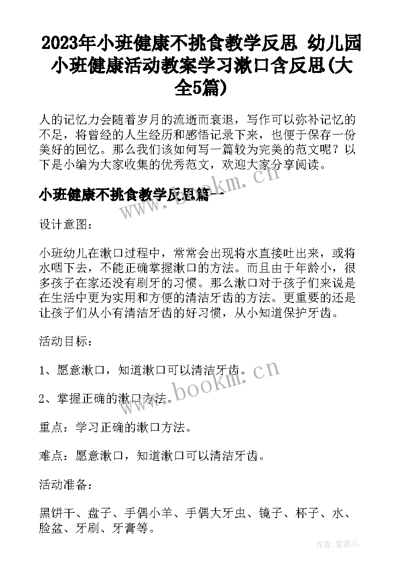 2023年小班健康不挑食教学反思 幼儿园小班健康活动教案学习漱口含反思(大全5篇)