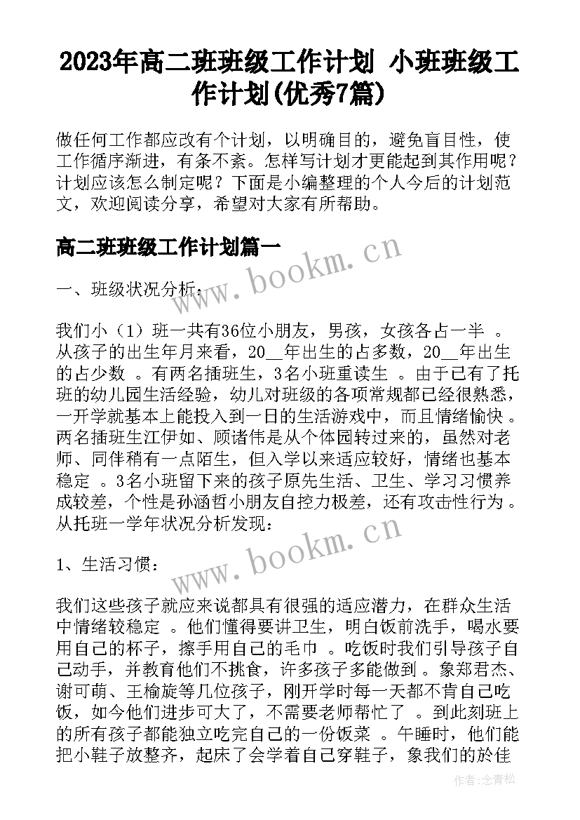 2023年高二班班级工作计划 小班班级工作计划(优秀7篇)