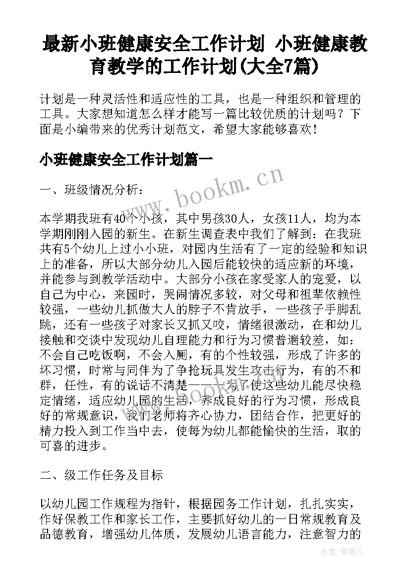 最新小班健康安全工作计划 小班健康教育教学的工作计划(大全7篇)