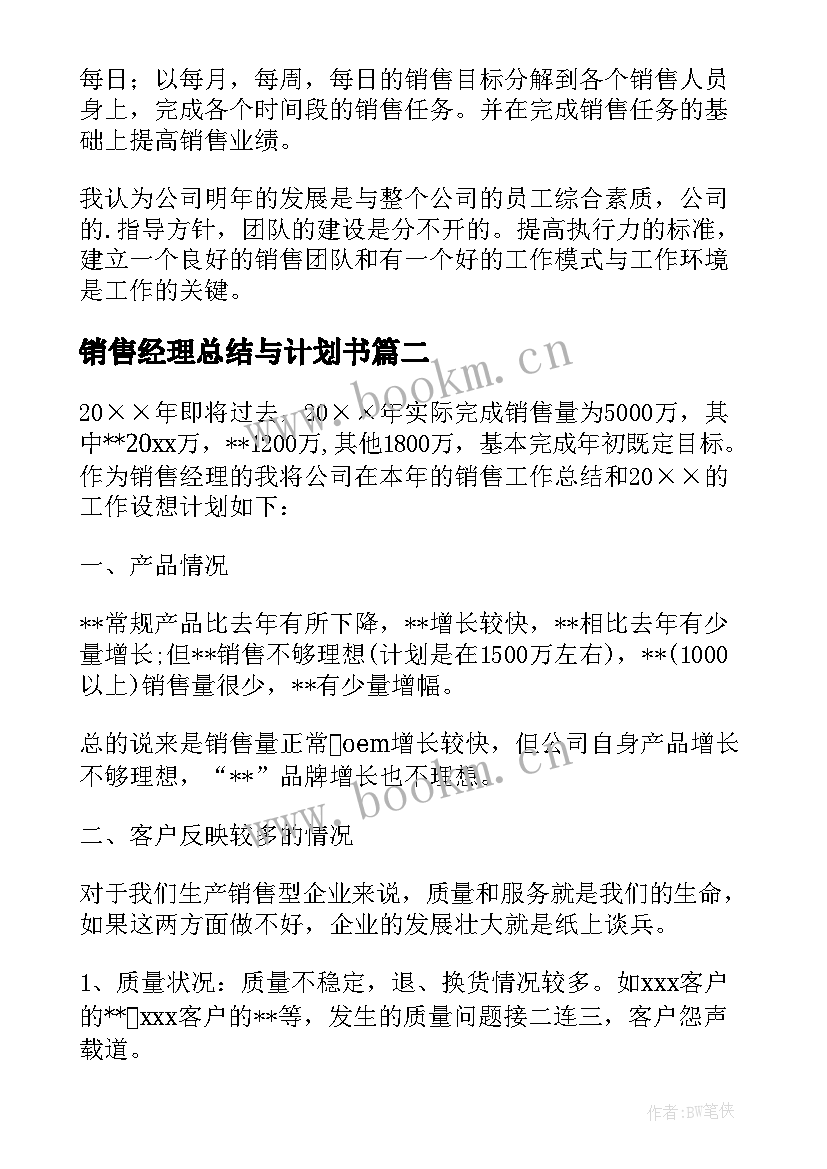 2023年销售经理总结与计划书(优质6篇)