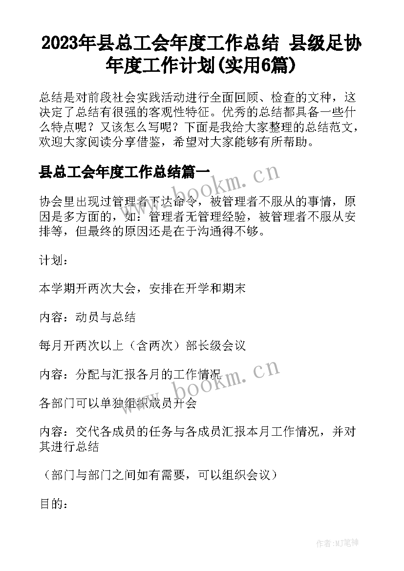 2023年县总工会年度工作总结 县级足协年度工作计划(实用6篇)