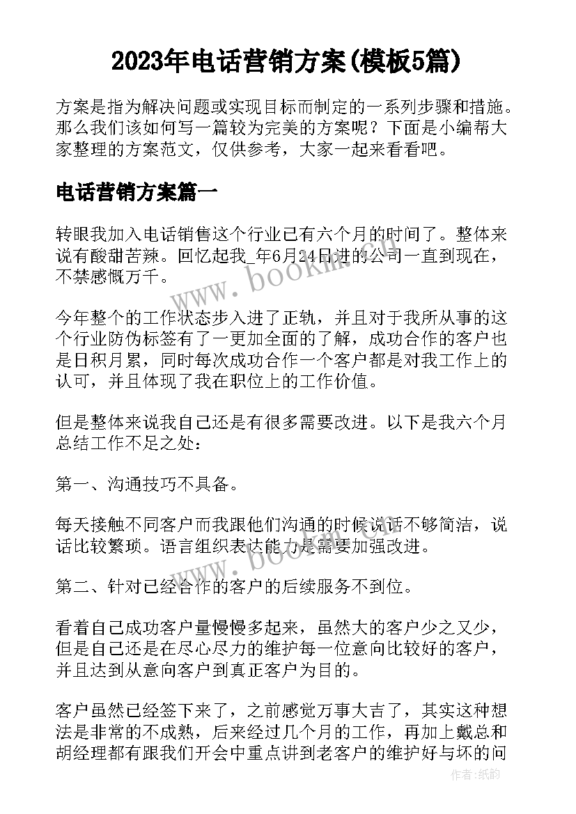 2023年电话营销方案(模板5篇)