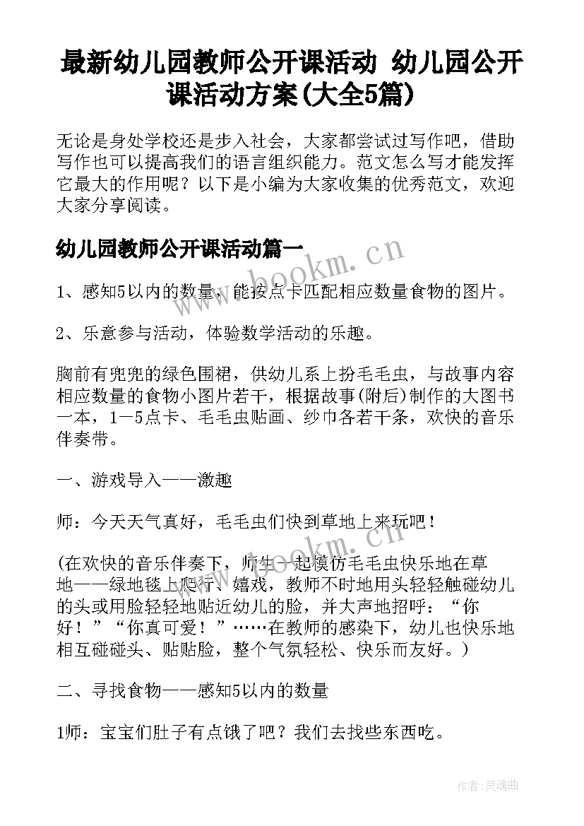 最新幼儿园教师公开课活动 幼儿园公开课活动方案(大全5篇)