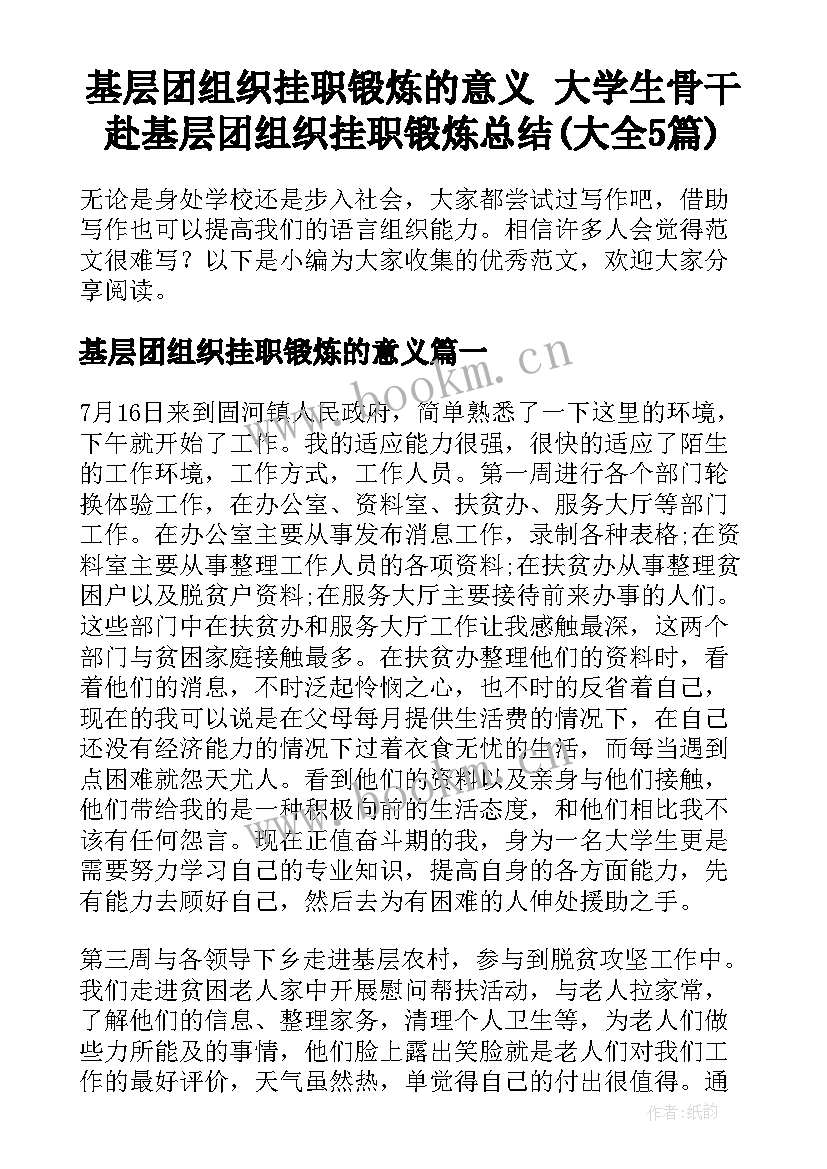 基层团组织挂职锻炼的意义 大学生骨干赴基层团组织挂职锻炼总结(大全5篇)