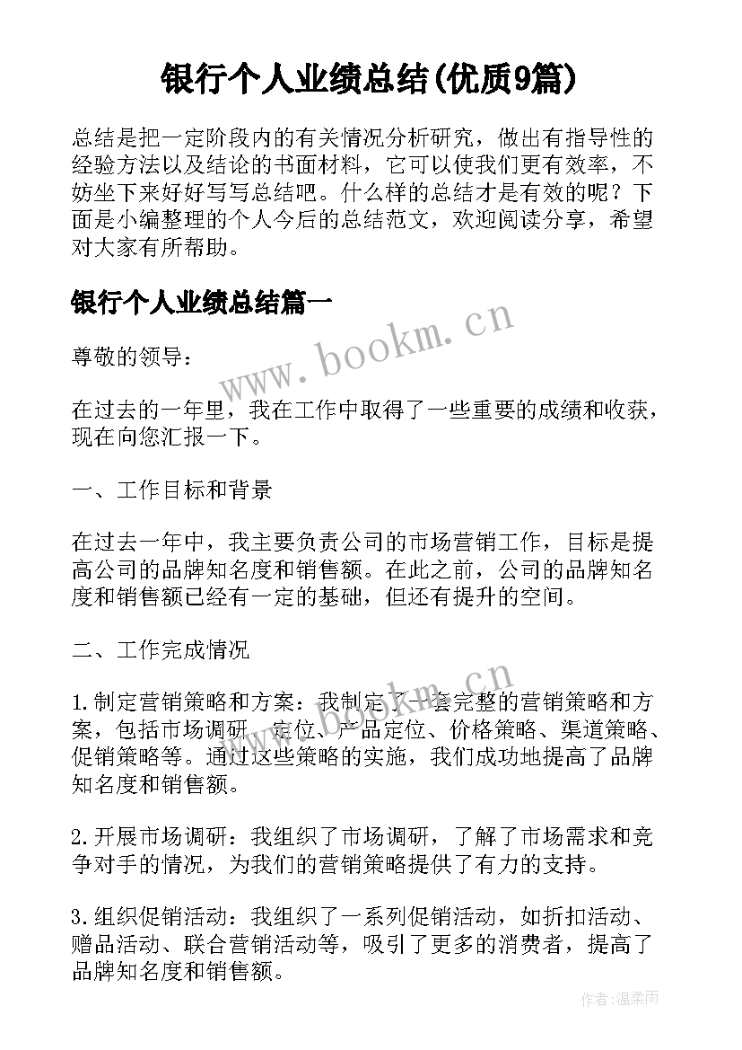 银行个人业绩总结(优质9篇)