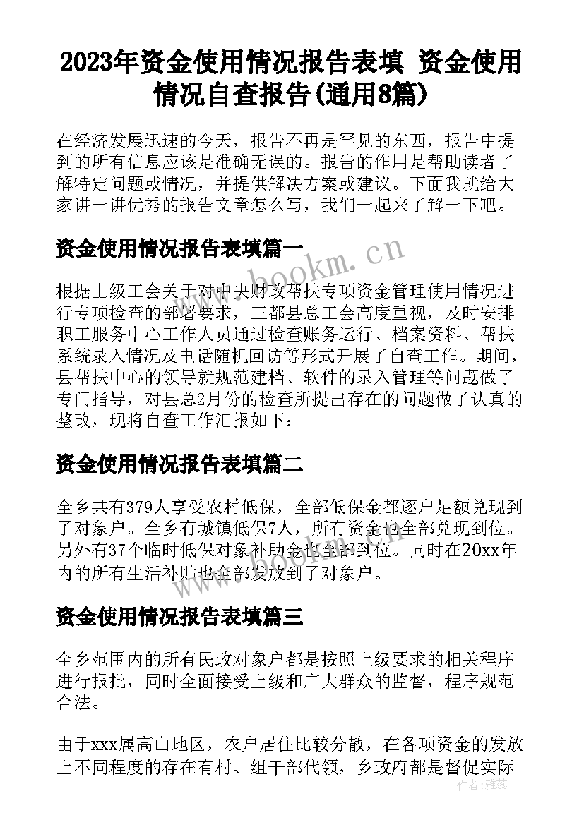 2023年资金使用情况报告表填 资金使用情况自查报告(通用8篇)