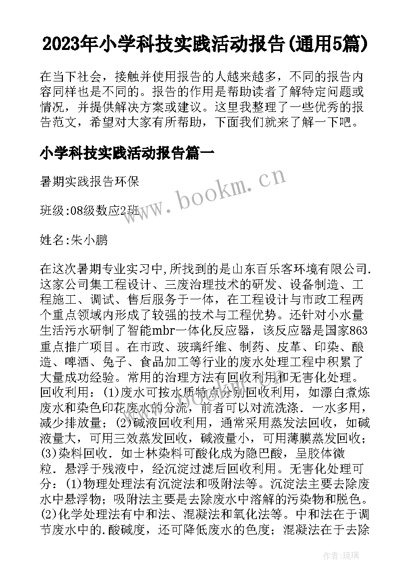 2023年小学科技实践活动报告(通用5篇)