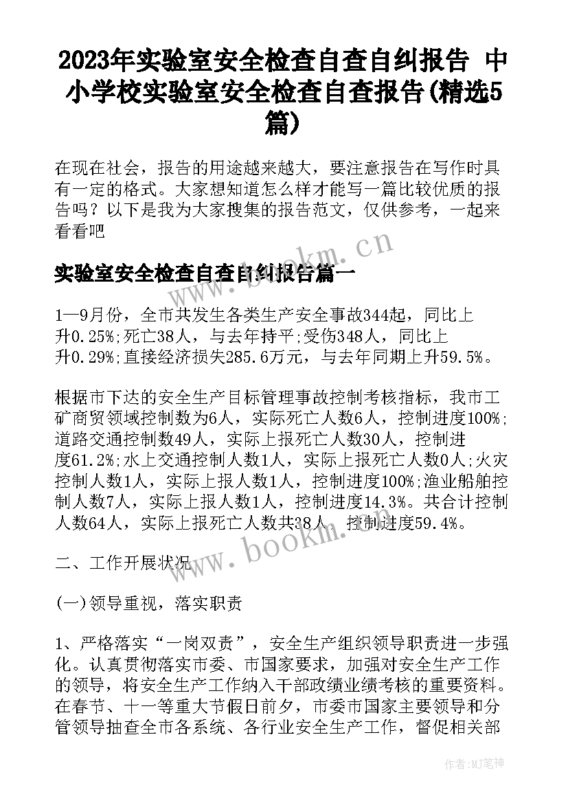 2023年实验室安全检查自查自纠报告 中小学校实验室安全检查自查报告(精选5篇)