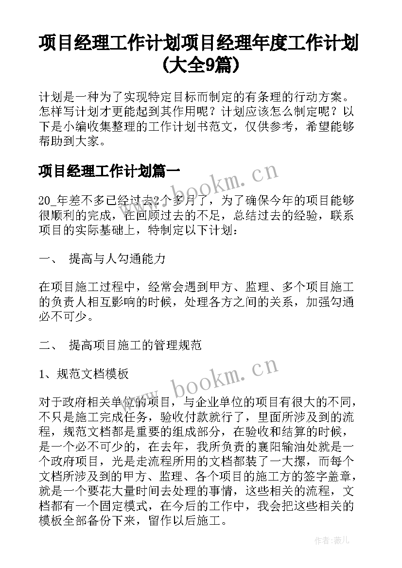 项目经理工作计划 项目经理年度工作计划(大全9篇)