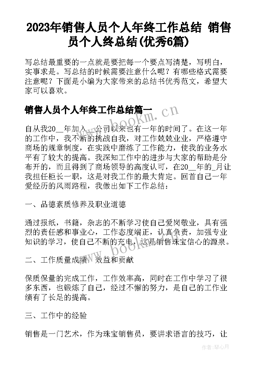 2023年销售人员个人年终工作总结 销售员个人终总结(优秀6篇)