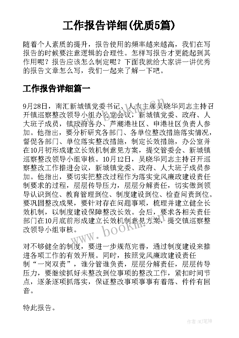 工作报告详细(优质5篇)