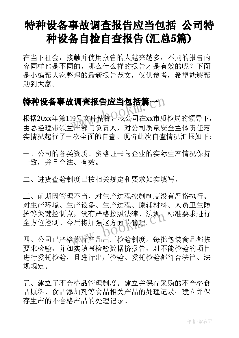 特种设备事故调查报告应当包括 公司特种设备自检自查报告(汇总5篇)