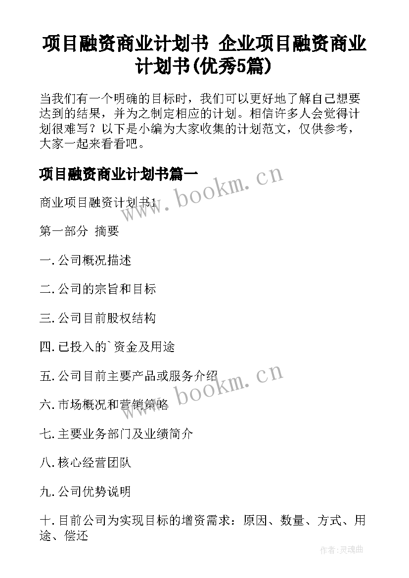 项目融资商业计划书 企业项目融资商业计划书(优秀5篇)