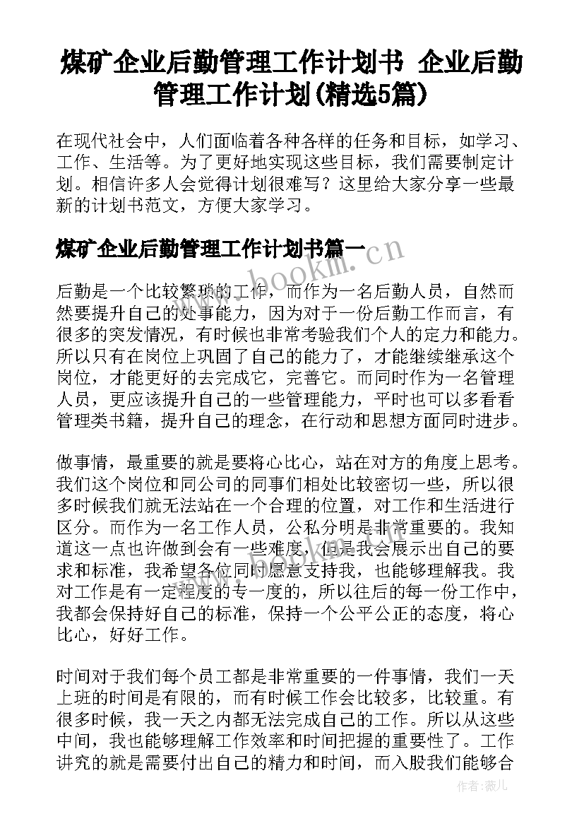 煤矿企业后勤管理工作计划书 企业后勤管理工作计划(精选5篇)